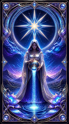 a robed figure pouring water beneath a large eight-pointed star in a night sky, symmetrical composition with an ornate decorative border, no text