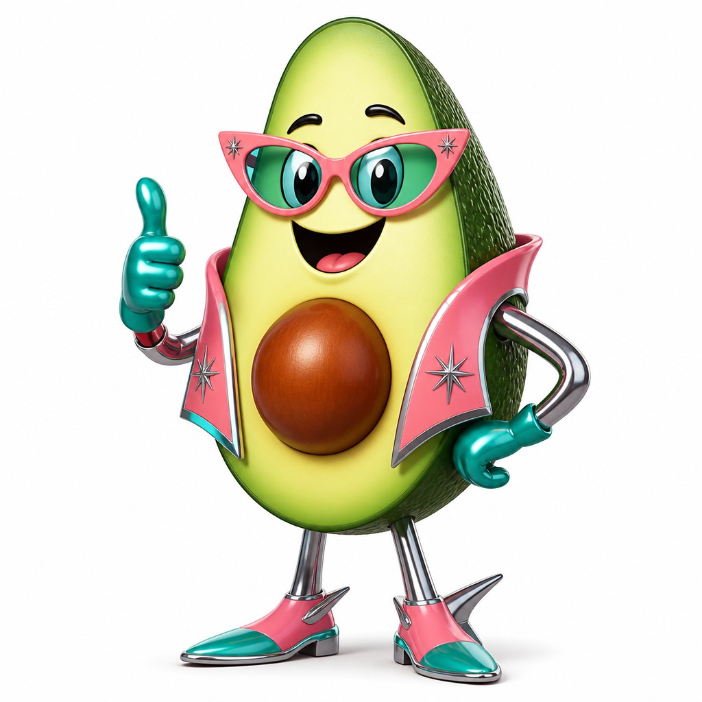 a happy avocado character giving a thumbs up, bold readable design on a plain background, no text