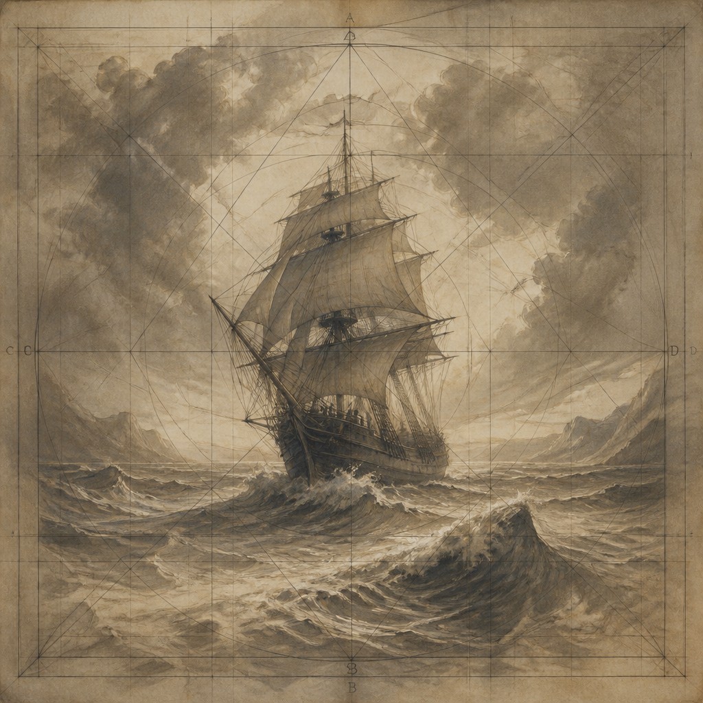 sailing ship on a stormy sea — Classical Proportion Art Style