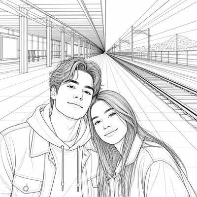 portrait of two people together — Linear Perspective Art Style