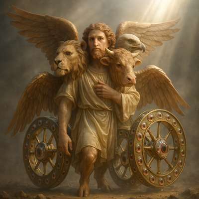 ezekiel 1:1-28 create the angel described in these verses give the wheels eyes and make sure the animal heads are in the right place. it needs 4 wings, head of a lion, human, ox, and eagle feet like a calf