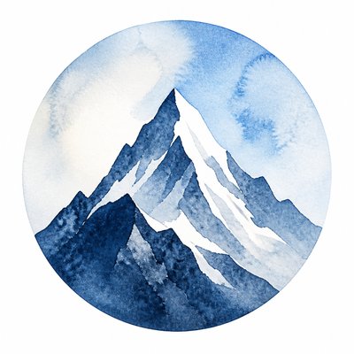 an emblem of a mountain peak inside a circle, simple bold shapes on a plain background, no text or lettering