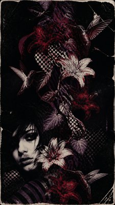 a climbing vine of flowers and hummingbirds on a dark background, tall wrapping composition, no text