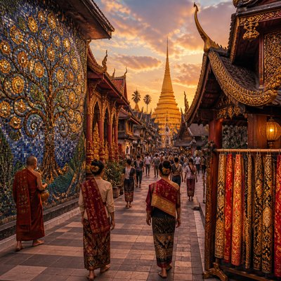 urban street with city activity — Lao Art Style