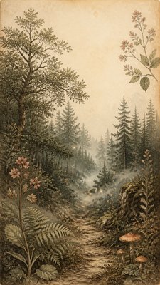 a mysterious forest path with fireflies and drifting mist, atmospheric vertical composition with open space at the top, no text