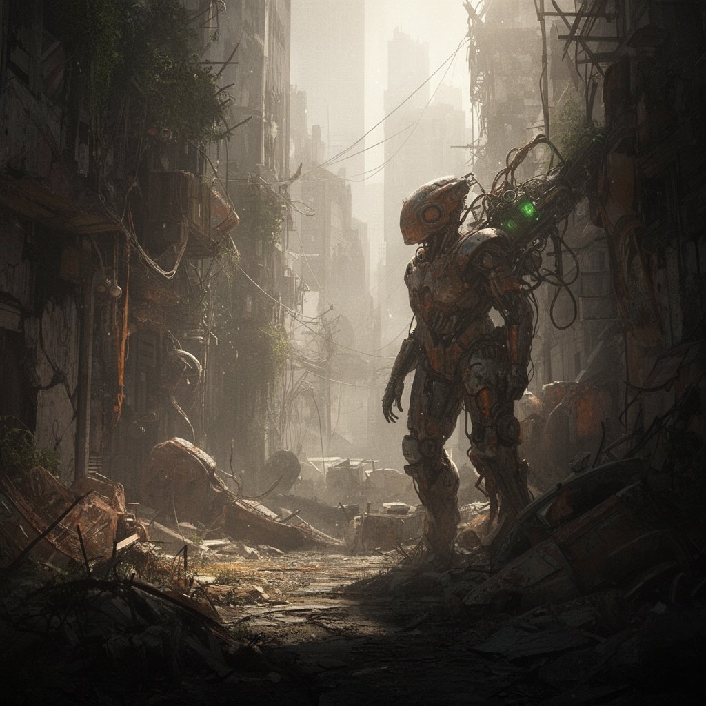 Scavenger in ruined metropolis