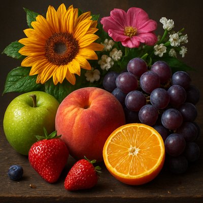 still life arrangement of fruits and flowers