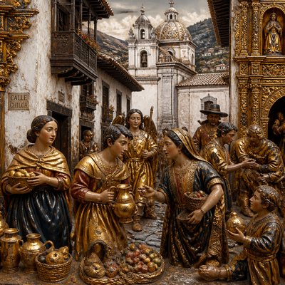 urban street with city activity — Ecuadorian Art Style