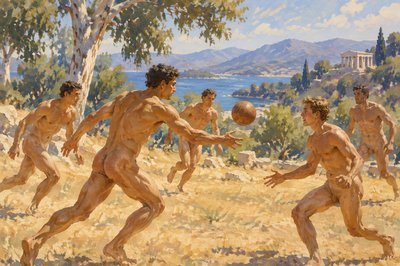 ancient greek athletes without clothes play ball game together