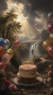 a birthday cake with lit candles surrounded by balloons and confetti, festive vertical composition, no text