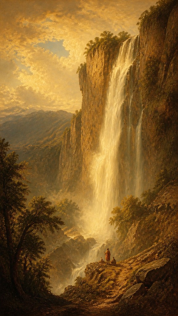 towering waterfall cascading down a cliff