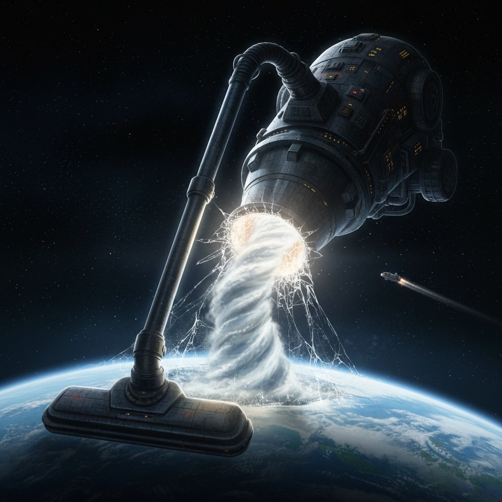 A highly detailed, cinematic rendering of the colossal "Megamaid" spaceship from Spaceballs in its full, transformed state, hovering menacingly above the Earth.
Scene Focus: The Megamaid is positioned directly over the Earth's atmosphere, its massive vacuum nozzle extended. The nozzle is clearly pointed toward the planet's surface, and the mechanism is beginning to suck air out, creating a visible, swirling vortex.
The 'Firmament' Detail: Render the edge of Earth's atmosphere and sky not as a smooth fade to space, but with a highly stylized, almost cracked or crystalline appearance, suggesting the boundary is a literal "firmament." The vacuum is shown actively piercing this boundary, creating a localized, glowing "window of heaven" effect where the atmosphere is being forcefully breached and pulled into the machine.
Atmosphere: The scene is dark, cold space contrasting sharply with the bright, glowing Earth below and the massive, industrial metallic structure of the Megamaid. The lighting should be dramatic and epic, highlighting the ridiculous scale of the vacuum cleaner poised to steal a planet's air. Include a tiny, distant shot of the Eagle 5 (Winnebago) fleeing the scene.
Style: Photorealistic digital painting, sci-fi parody, emphasizing the immense, over-the-top scale and the comedic contrast between the mundane household item and the cosmic threat.