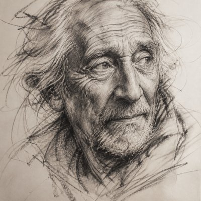 close-up portrait of an elderly person with expressive weathered features