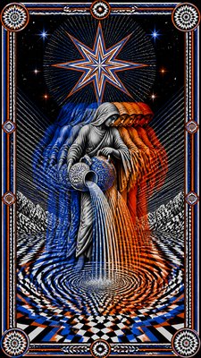 a robed figure pouring water beneath a large eight-pointed star in a night sky, symmetrical composition with an ornate decorative border, no text