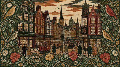 bustling city street panorama at dusk