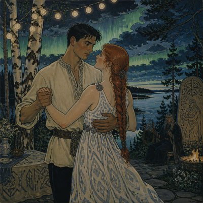 an original couple dancing under string lights in a garden at dusk: a man with short black hair in a linen shirt and a woman with braided red hair in a summer dress