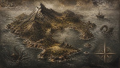 a map of an island realm with mountains, forests, a sheltered bay, sea monsters in the water and a compass rose, no text labels