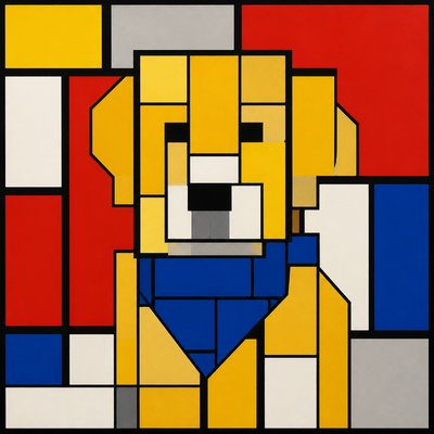 portrait of a golden retriever wearing a blue bandana, warm plain backdrop, no text
