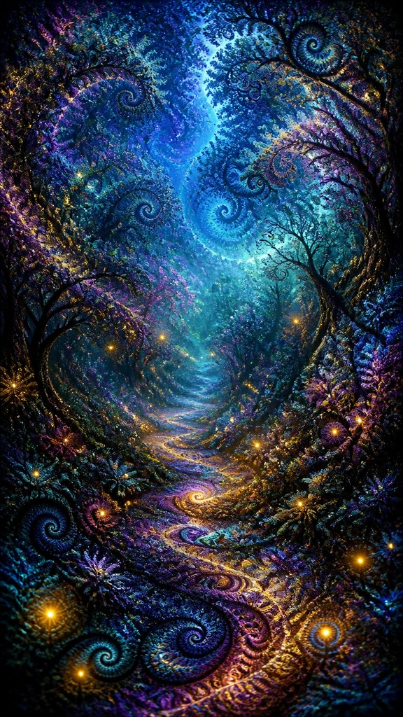 a mysterious forest path with fireflies and drifting mist, atmospheric vertical composition with open space at the top, no text