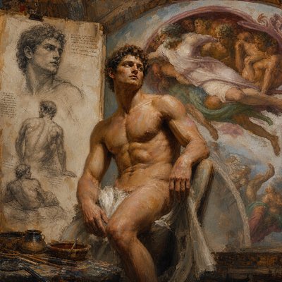 Michelangelo studio model and sketch for athlete on painting Sistine Chapel ceiling