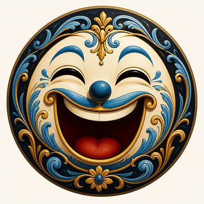 an exaggerated laughing face of an original round mascot character, bold and readable at small size, plain background, no text