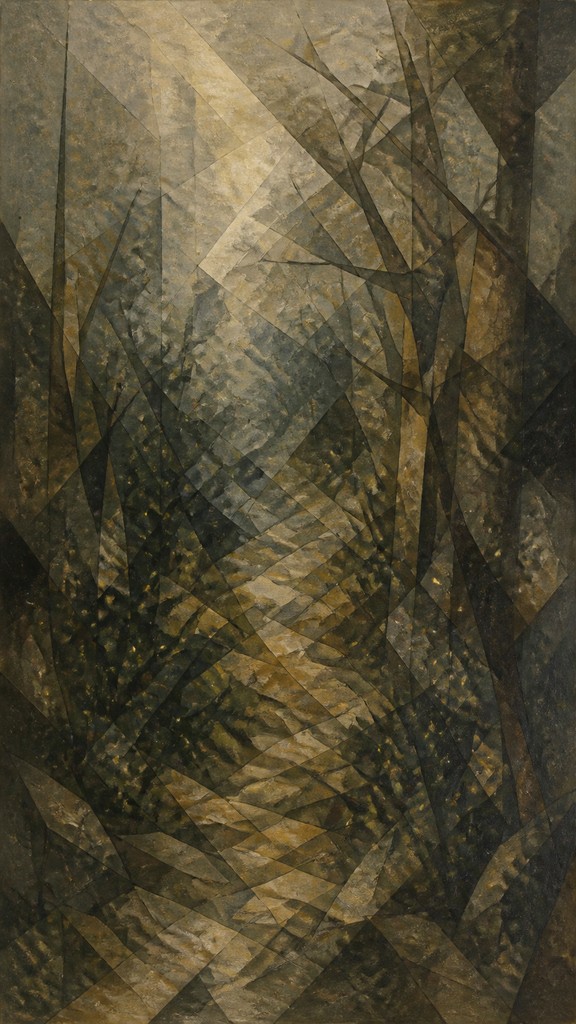 a mysterious forest path with fireflies and drifting mist, atmospheric vertical composition with open space at the top, no text