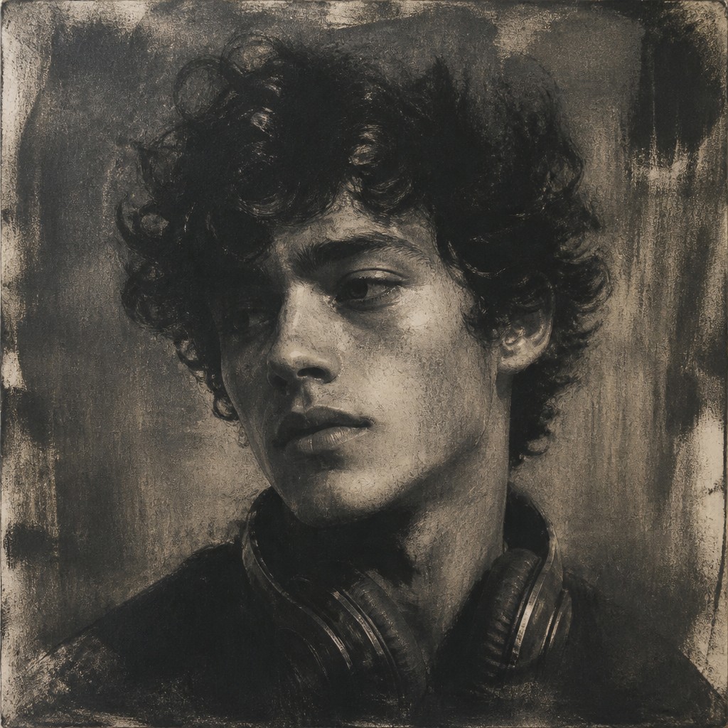 head-and-shoulders portrait of an original character: a young man with curly dark hair and headphones around his neck, plain backdrop, no text
