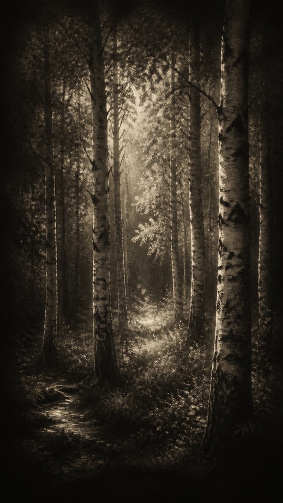 a serene birch forest in soft morning light, no people, no text