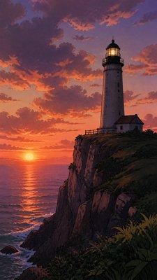 a lone lighthouse on a cliff at dusk under a dramatic sky, no text or lettering