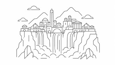a cliffside city with waterfalls cascading into a misty canyon, wide establishing shot, no people, no text
