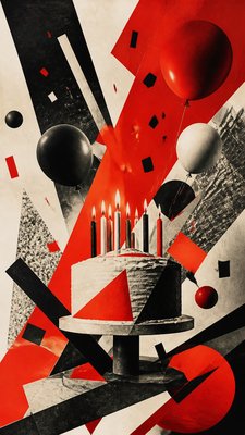 a birthday cake with lit candles surrounded by balloons and confetti, festive vertical composition, no text