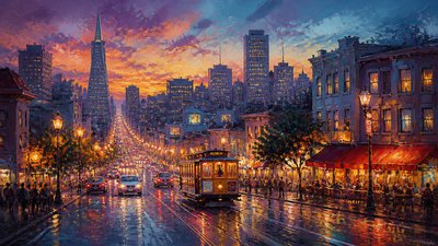 bustling city street panorama at dusk