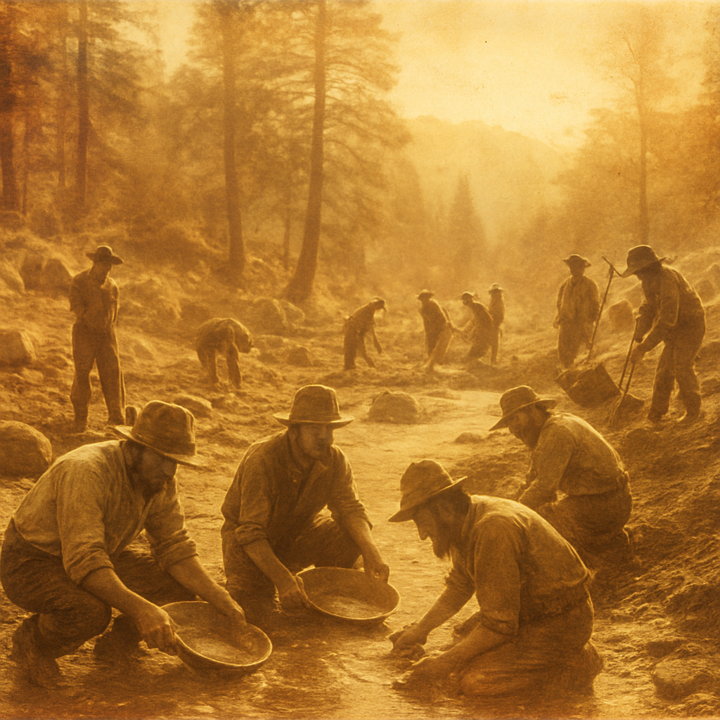 Got it. You'd like the full prompt again, including the updated detail about miners on the banks, ready for ArtStyles.com. Here it is:
Revised Prompt for ArtStyles.com:
"A bustling scene of 19th-century gold miners during the California Gold Rush. Several determined miners are panning for gold in a shallow, rocky stream in the Sierra Nevada mountains, their rugged, worn clothing and wide-brimmed hats indicating their toil. Along the banks of the stream, other miners are actively digging into the earth with shovels and picks, creating small piles of dirt and using sluice boxes to separate gold. Sunlight filters through tall pine trees, casting dappled light on the scene, illuminating the clear water and the industrious activity of the miners. The background showcases a rugged, forested landscape with distant hills.""sepia tone vintage photograph, grainy, aged look"