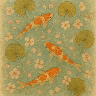 A koi pond seen from above, orange and white koi fish swimming among lily pads, clear water with subtle ripples, fallen cherry blossom petals floating on the surface, dappled sunlight