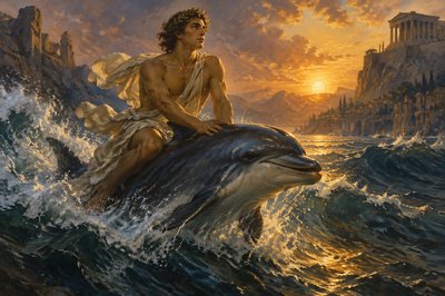 ancient greek athlete rides on the back of dolphin in the sea