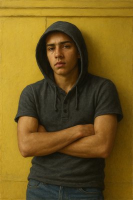 a painting of a man with his arms crossed