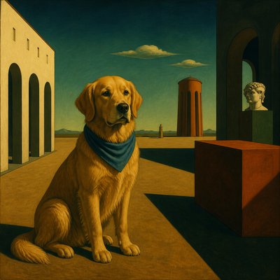 portrait of a golden retriever wearing a blue bandana, warm plain backdrop, no text