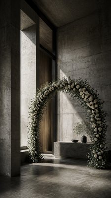 an arch of white roses and eucalyptus in soft morning light, elegant vertical composition with open space, no text