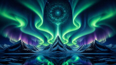 a flowing aurora over snowy peaks, wide sweeping composition, no people, no text