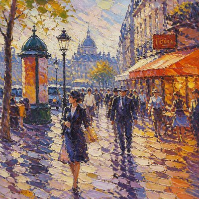urban street with city activity — Impressionist Still Life Art Style