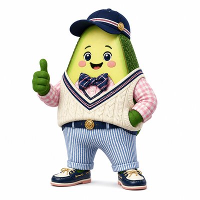 a happy avocado character giving a thumbs up, bold readable design on a plain background, no text