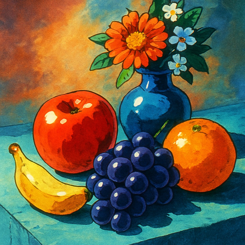 still life arrangement of fruits and flowers