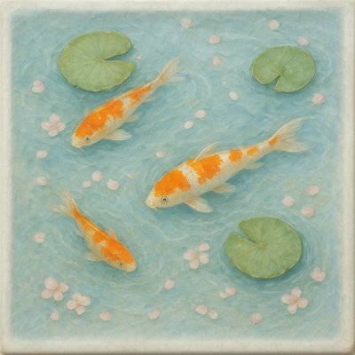 A koi pond seen from above, orange and white koi fish swimming among lily pads, clear water with subtle ripples, fallen cherry blossom petals floating on the surface, dappled sunlight