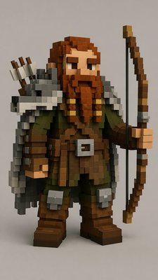 full-body original character: a dwarven ranger with a braided auburn beard, worn leather armor, a longbow and a wolf-pelt cloak, neutral background, no text