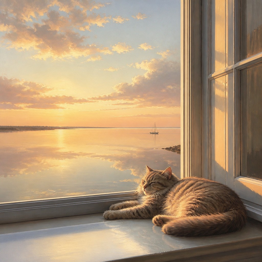 a cat lounging in a sunlit window — Luminism Art Style