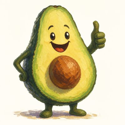 a happy avocado character giving a thumbs up, bold readable design on a plain background, no text