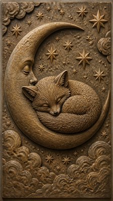 a sleeping baby fox curled on a crescent moon among soft stars, gentle and warm, no text