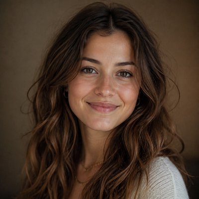head-and-shoulders portrait of an original character: a young woman with wavy chestnut hair and a warm smile, plain soft backdrop