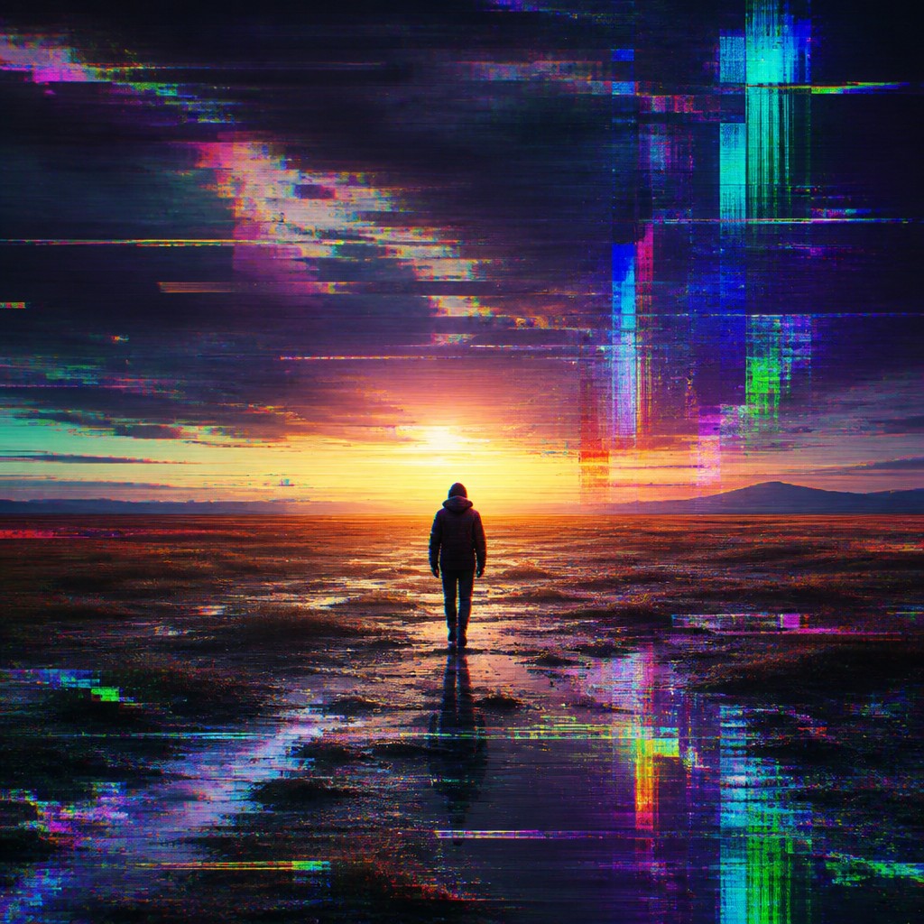 a solitary figure walking toward a glowing horizon across an empty plain, moody atmosphere, no text or lettering