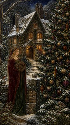 a snow-covered cottage with warm glowing windows beside a decorated pine tree, gentle snowfall, no text